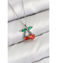 Pirinç Zirkon Taşlı Kiraz Model Gümüş Renk Kadın Kolye - TJ-BKO10421