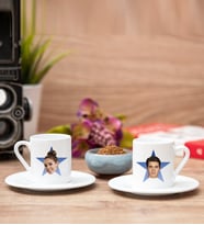 Kişiye Özel Mavi Yıldız Kafa Fotoğraflı İkili Türk Kahvesi Fincanı