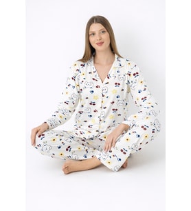 Noveya Ayıcık Desenli Ekru Kadın Pijama Takımı – Uzun Kollu, Düğmeli, Ev Giyimi