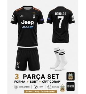 Juventus Siyah Deplasman Cr7 Ronaldo Çocuk Futbol Forması Forma Şort Çorap Bileklik 4 Parça