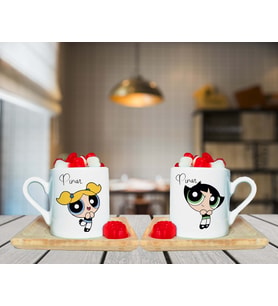 Power Puff Bubbless & Buttercup Arkadaş Çift Tasarımlı Çift Ahşap Tabaklı Kişiye Özel Türk Kahvesi Fincanı Seti