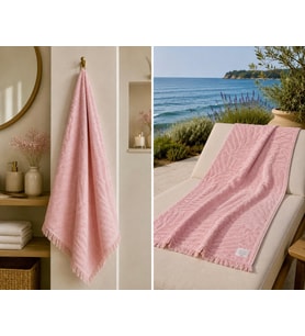 Ege Esintisi Yaprak Jakarlı Plaj & Banyo Havlusu - Gül Esintisi %100 Pamuk