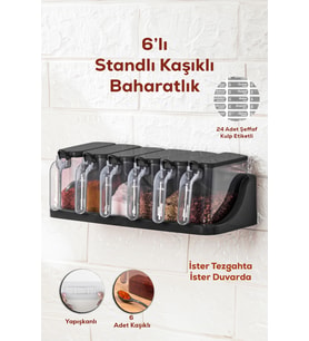 1183 6 Lı Standlı Etiketli Kendinden Yapışkanlı Kapaklı Kaşıklı Baharatlık Takımı -baharatlık