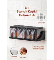 1183 6 Lı Standlı Etiketli Kendinden Yapışkanlı Kapaklı Kaşıklı Baharatlık Takımı -baharatlık