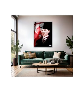 Atatürk ve Bayrak Metal Çerçeveli Cam Tablo Dikey Duvar Tablosu Ofis Ev Dekoru Atatürk Portresi (Gümüş)