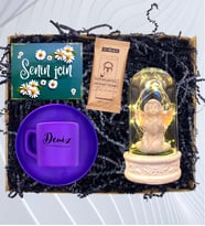 Kişiye Özel Renkli Türk Kahvesi Fincanı(100ml) ve Işıklı Beyaz Melekli Fanus Seti HA4 (Mor)