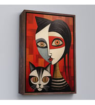 Çerçeveli Pablo Picasso Tarzı - Soyut Renkli Kadın ve KediTablo (Altın)
