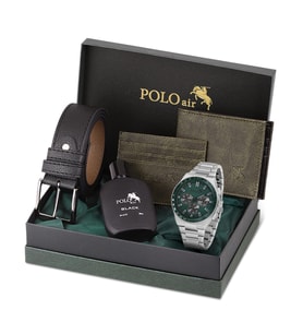 Polo Air Erkek Kol Saati Cüzdan Kemer Kartlık Parfüm Kombin Set Gümüş Yeşil Renk PL-0990E4 (Yeşil-Grı)