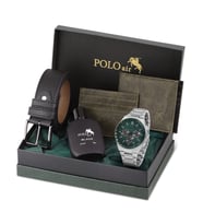 Polo Air Erkek Kol Saati Cüzdan Kemer Kartlık Parfüm Kombin Set Gümüş Yeşil Renk PL-0990E4 (Yeşil-Grı)