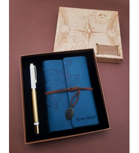 Mavi Defter Ve Kalem - İsme Defter Kalem , Kişiye Özel Deri Defter Kalem & Özel Kutulu Hediyelik Defter Kalem Set