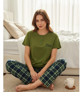 Mihra Kadın Compakt Penye Düğmeli Yaka Kısa Kol İnce Pijama Takımı 90783Y - 1 Adet (Yeşil)