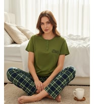 Mihra Kadın Compakt Penye Düğmeli Yaka Kısa Kol İnce Pijama Takımı 90783Y - 1 Adet (Yeşil)