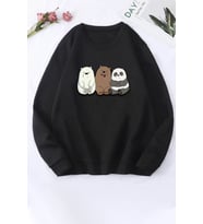 Unisex Kafadar Ayılar Baskılı Bisiklet Yaka Sweatshirt (Siyah)