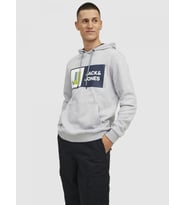 Jack & Jones Erkek Jcologan Kapüşonlu Sweatshirt - 12216327 (Gri Melanj - Lacivert)