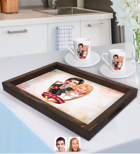 BK Gift Kişiye Özel İsimli Sevgililer Karikatürlü Doğal Ahşap Tepsi ve 2’li Kahve Fincan Seti-15