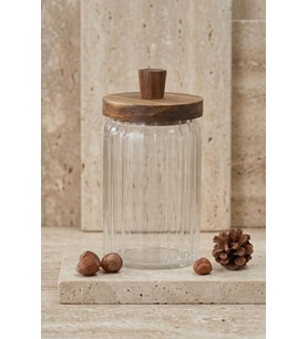 Atbyhome Ahşap Kapaklı Borosilikat Cam Saklama Kabı 700 ml - Oluklu Cam Kavanoz