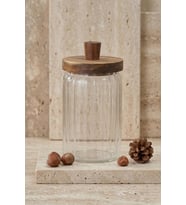 Atbyhome Ahşap Kapaklı Borosilikat Cam Saklama Kabı 700 ml - Oluklu Cam Kavanoz