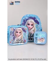 TEK BÖLMELİ KÜÇÜK BOY 32 CM ANAOKUL ÇANTASI,BESLENME ÇANTASI VE 2 KATLI BESLENME KABI SETİ (Mavi)