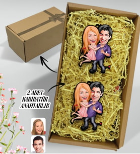 BK Gift Hediye Kutulu Kişiye Özel Sevgililer Karikatürlü Ahşap 2'li Ahşap Anahtarlık-3