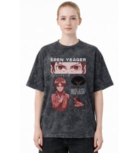 Tasarım Eren Yeager Attack On Titan Anime Baskılı Unisex Oversize Eskitme Yıkamalı Tişört