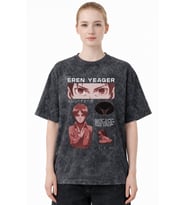 Tasarım Eren Yeager Attack On Titan Anime Baskılı Unisex Oversize Eskitme Yıkamalı Tişört