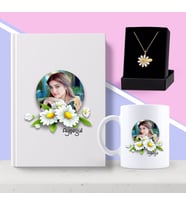 BK Gift Kişiye Özel Papatya Temalı Fotoğraflı Beyaz Defter Kupa ve Papatya Kolye Seti-4 (Model 1)