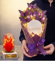 Led Işıklı Aynalı Mor Kelebek Buketi Kişiye Özel Led Işıklı Fanus Hediyeli (Model 7)