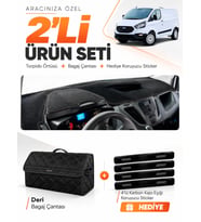 FORD TRANSİT CUSTOM (2012-2020) Uyumlu Torpido Örtüsü + Deri Bagaj Çantası + Sticker Seti - Siyah