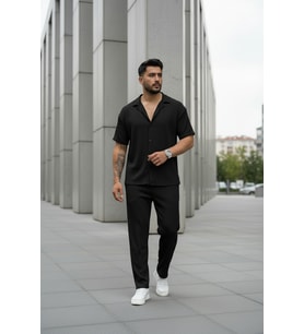 Unisex Trend Bürümcük Krinkıl Kumaş Yazlık Likralı Kısa Kol Gömlek ve Eşofman Takım (Y.Siyah)