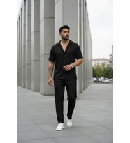 Unisex Trend Bürümcük Krinkıl Kumaş Yazlık Likralı Kısa Kol Gömlek ve Eşofman Takım (Y.Siyah)
