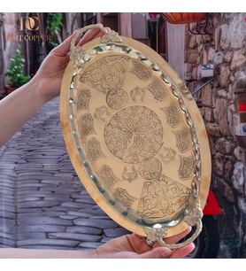 DMT Gaziantep Bakır 34,5 cm Osmanlı El İşi Sunum tepsi Kına tepsisi 34.5cmx21.5cm