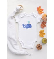 Sevimli Balina Organik Baskılı %100 Pamuklu Çıtçıtlı Beyaz Body Zıbın Bebek Badi