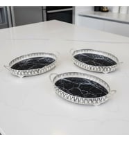 3 Adet Gümüş Renk Mermer Desen Metal Çerçeveli Cam Nişan-Servis Tepsi Seti  - 28x19 cm