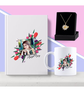 BK Gift Kişiye Özel Çiçekli Çerçeve Beyaz Defter Kupa ve Papatya Kolye Seti (Model 1)