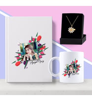 BK Gift Kişiye Özel Çiçekli Çerçeve Beyaz Defter Kupa ve Papatya Kolye Seti (Model 1)