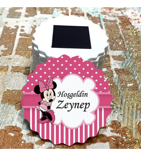 Magnet Hediyelik - Kız Çocuk Minie Mouse Pembe Tasarım Doğum Günü - Yenidoğan Hatırası Magnet