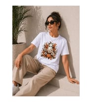 Balkabağı Hayalet Baskılı Tişört Kısa Kol Yazlık T-Shirt - Beyaz