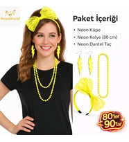 80’ler 90’lar Neon Sarı Parti Seti – Kolye Küpe Taç
