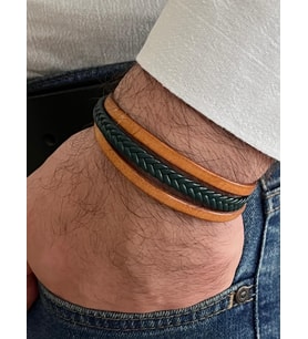 Taba&Yeşil Renk %100 Deri 3Lü Kombin Erkek Bileklik 21 cm (Türk El Üretimi) (Yeşil - Taba)