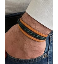Taba&Yeşil Renk %100 Deri 3Lü Kombin Erkek Bileklik 21 cm (Türk El Üretimi) (Yeşil - Taba)