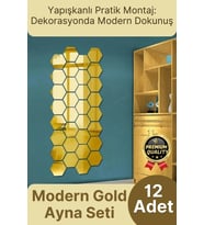Yeni Seri Modern Şık Tasarım Dekoratif Altıgen Ev Ofis Duvar Dolap Yapışkanlı Gold Ayna Seti 12 Adet