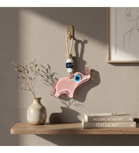El Yapımı Hediyelik Dekoratif Nazar Boncuklu, Fil Figürlü Simli ve İpli 12 cm Cam Duvar Süsü (Pembe)