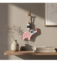 El Yapımı Hediyelik Dekoratif Nazar Boncuklu, Fil Figürlü Simli ve İpli 12 cm Cam Duvar Süsü (Pembe)