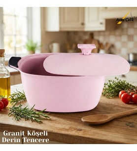 28 Cm Granit Köşeli Derin Tencere Alüminyum Kapak - Pembe