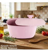 28 Cm Granit Köşeli Derin Tencere Alüminyum Kapak - Pembe