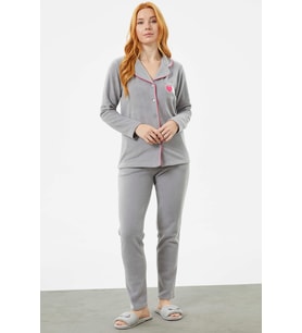 Gömlek Yaka Düğmeli Polar Pijama Takım - Gri