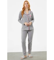 Gömlek Yaka Düğmeli Polar Pijama Takım - Gri