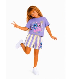 Cg Kids Stitch Baskılı Kız Çocuk Şortlu Takım - Lila Renk Yazlık Çocuk Takımı