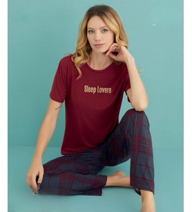 Mihra Kadın Bisiklet Yaka MİLAN Likralı Kısa Kol Pijama Takımı 50107/95 - 1 Adet (Bordo)