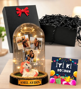 Kişiye Özel 3 Fotoğraflı LED Işıklı Fanus İyi Ki Doğdun Doğum Günü Hediyesi (unicorn biblolu)